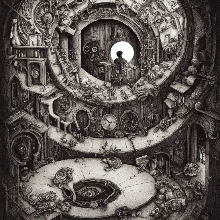 Monochromatic illustration of cluttered circular room with clocks, gears, and whimsical objects