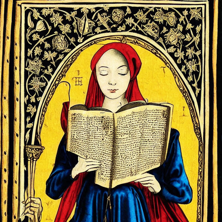 Medieval woman in red head covering reading book under ornate golden arch