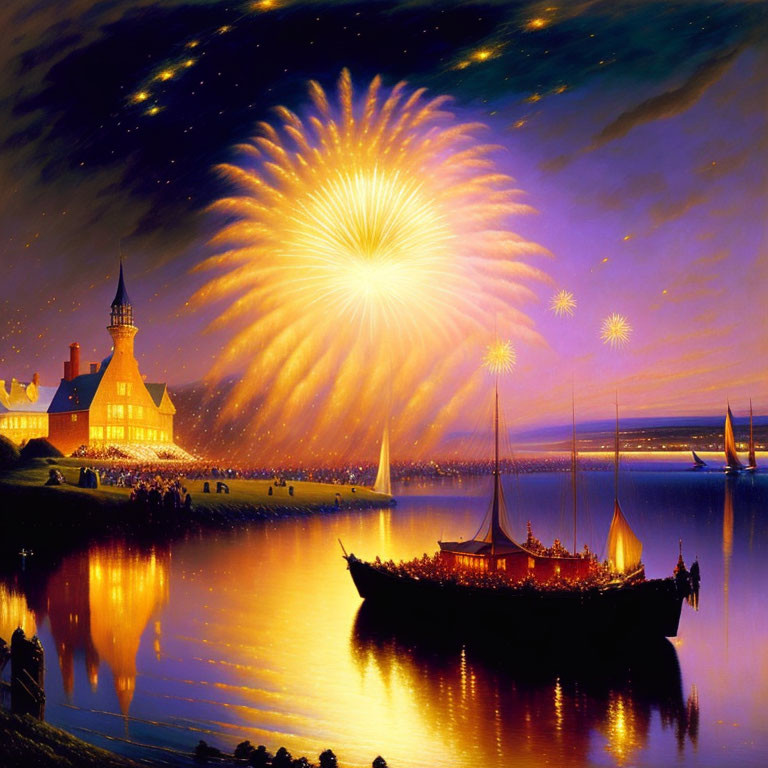 Scenic nighttime fireworks display over lake with boat and lighthouse