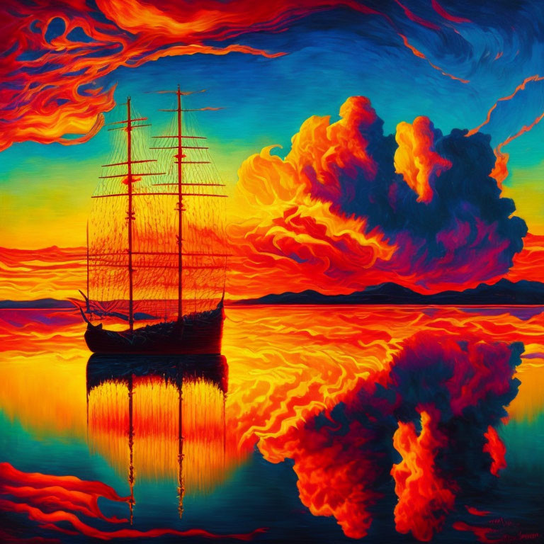 Vibrant sunset painting of sailing ship with swirling clouds