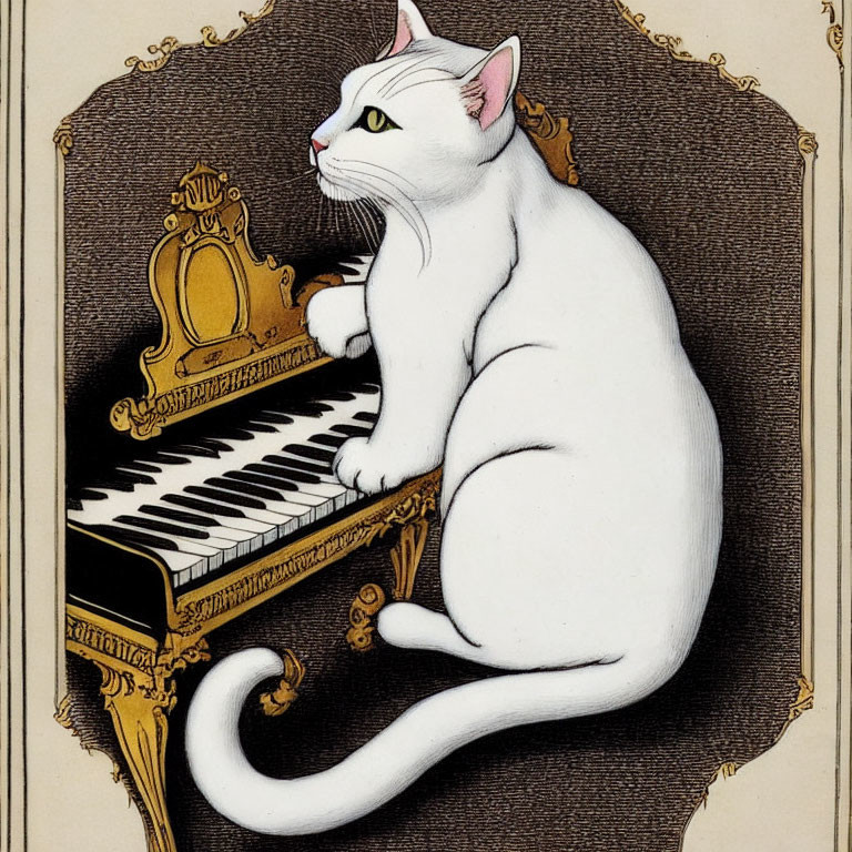 White Cat with Yellow Eyes Playing Piano Against Brown Background