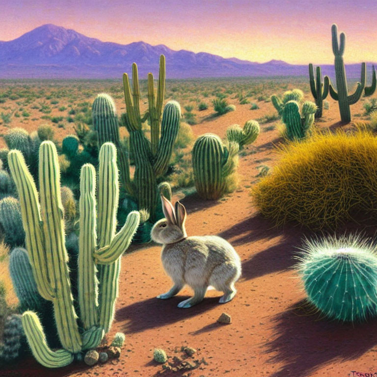 Rabbit in desert landscape with cacti and mountains