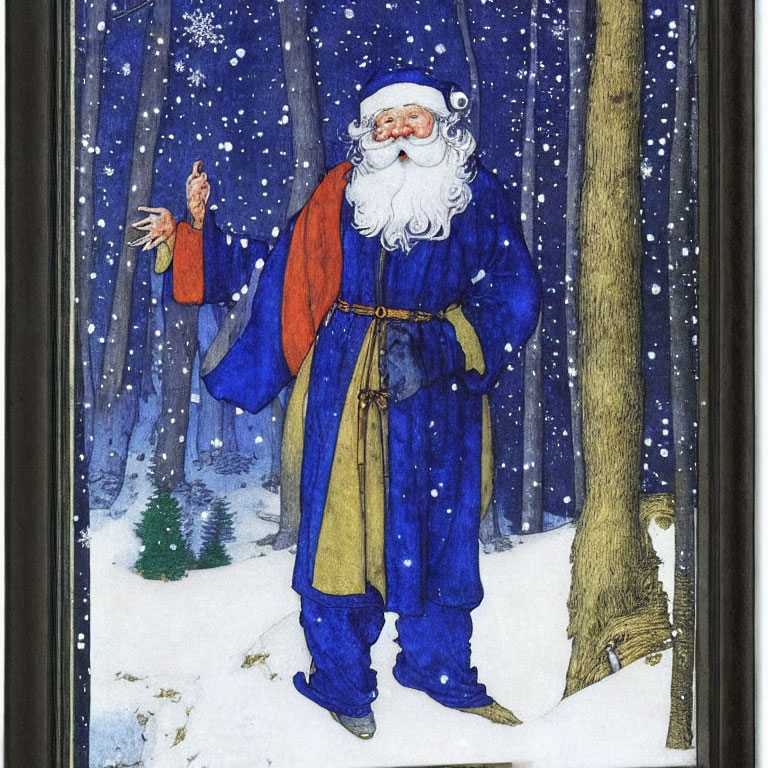 Traditional Santa Claus in Blue Robes in Snowy Forest with Snowflakes