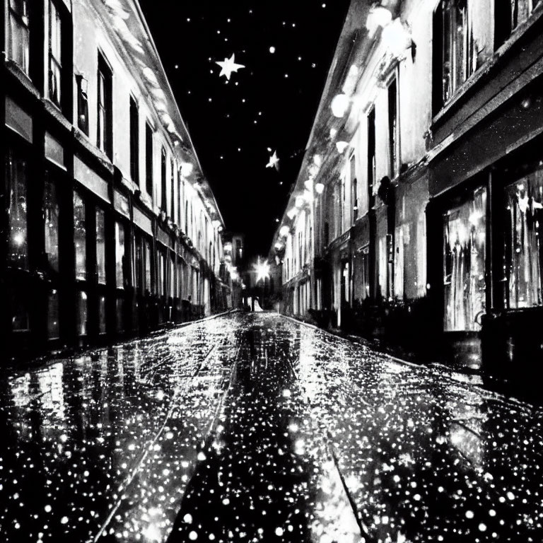 Monochrome night cityscape with wet street and shimmering lights