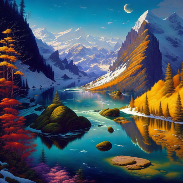 Colorful Autumn Landscape with River, Mountains, and Moon