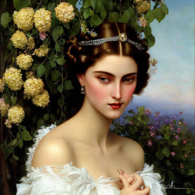 Portrait of woman in elegant updo with diadem and feathered gown against floral backdrop