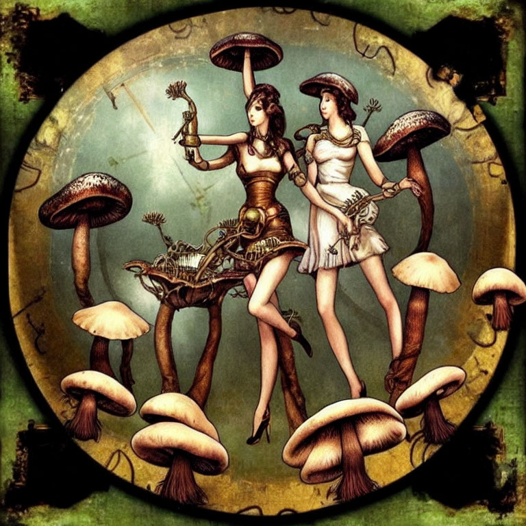 Steampunk-themed fantasy art with two women and oversized mushrooms in circular frame.