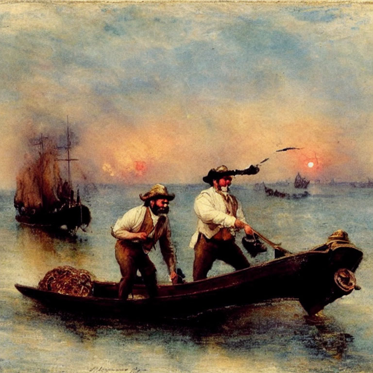 Two fishermen in rowboat at dusk with vibrant sunset and ships.