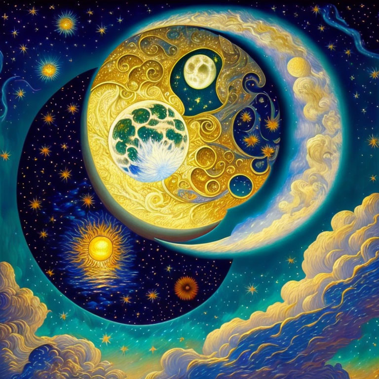 Celestial-themed vibrant painting with Earth, moon, sun, stars, and swirling clouds.