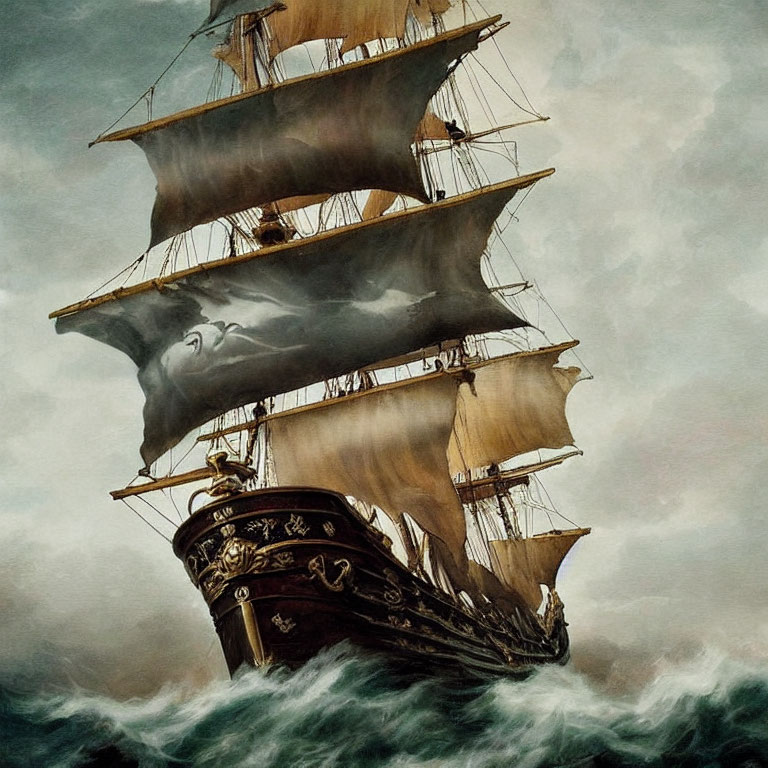 Ornate sailing ship battles stormy seas with billowing sails