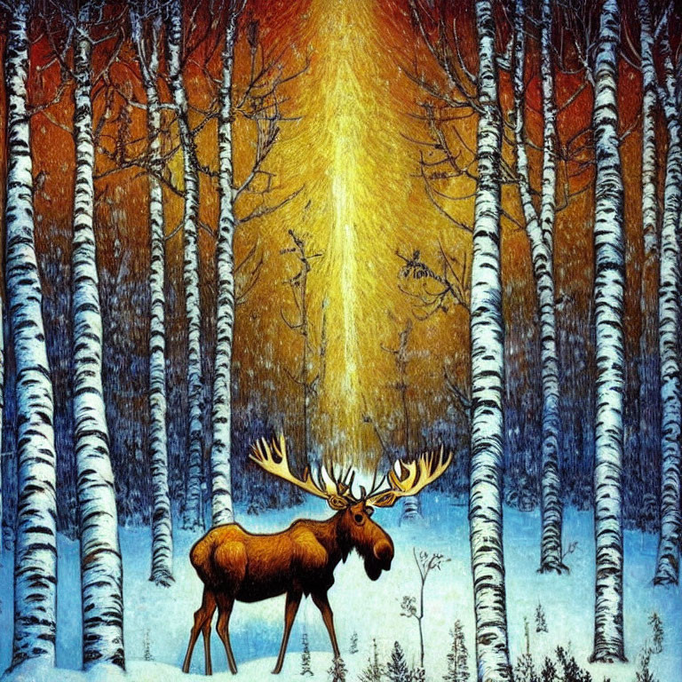 Majestic moose in snowy forest under golden light