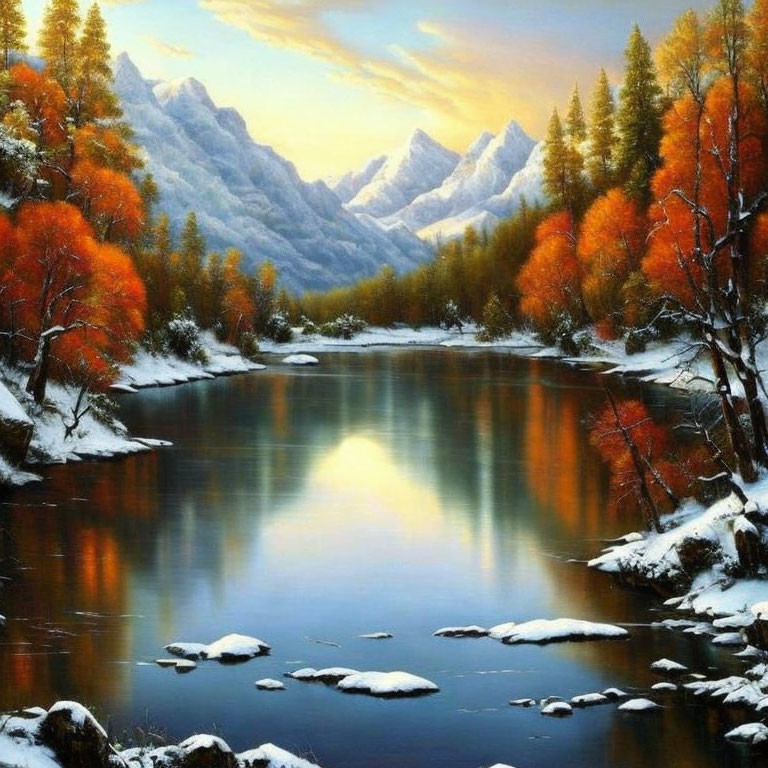 Tranquil mountain lake with autumn trees and snow-capped peaks