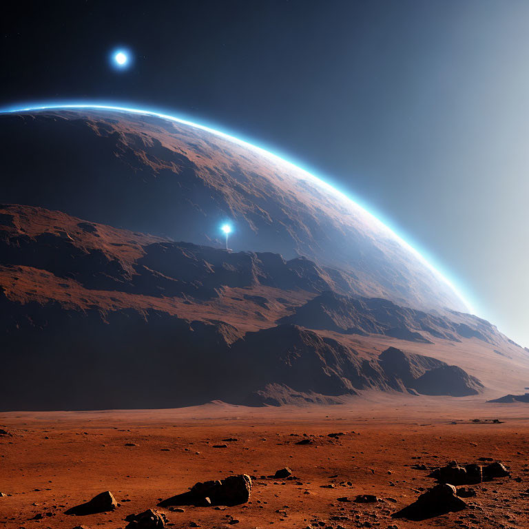 Digital artwork of red planet surface with rocky terrain and blue atmospheric glow