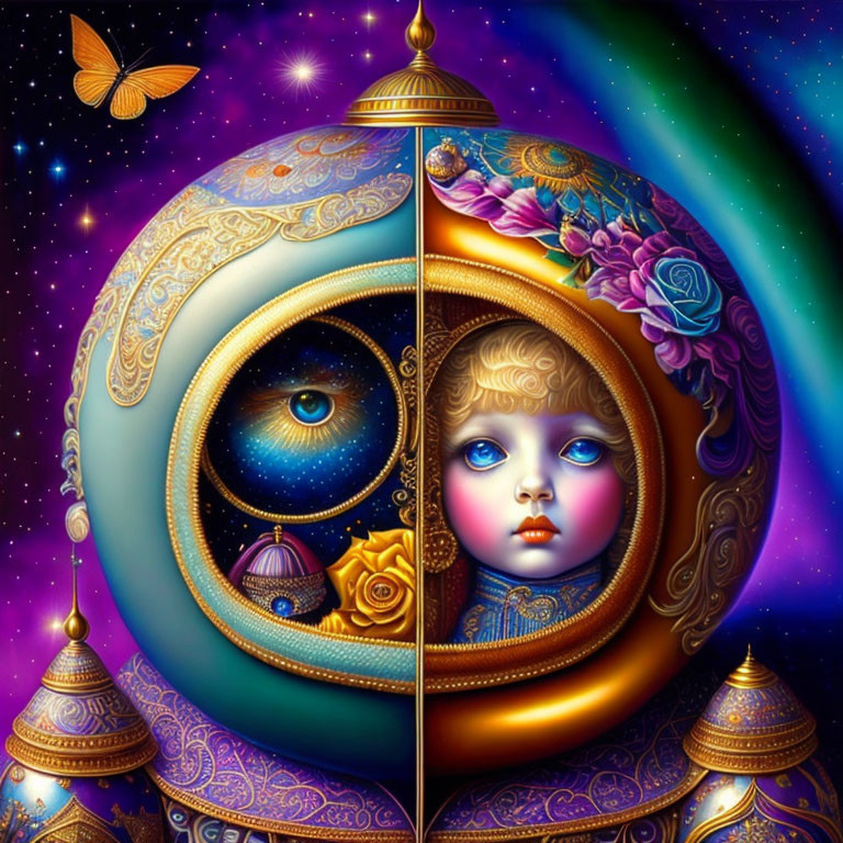 Colorful cosmic fantasy image with large eye, child's face, and intricate patterns.