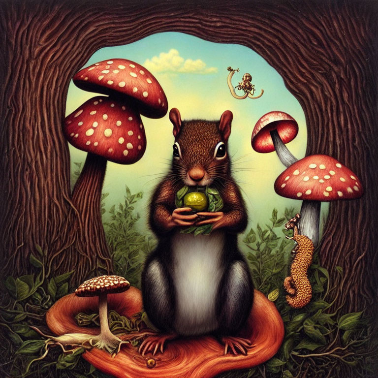 Whimsical squirrel with green gem in mushroom-filled scene