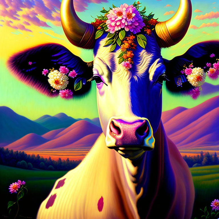 Vibrant cow illustration with floral elements on rolling hills backdrop