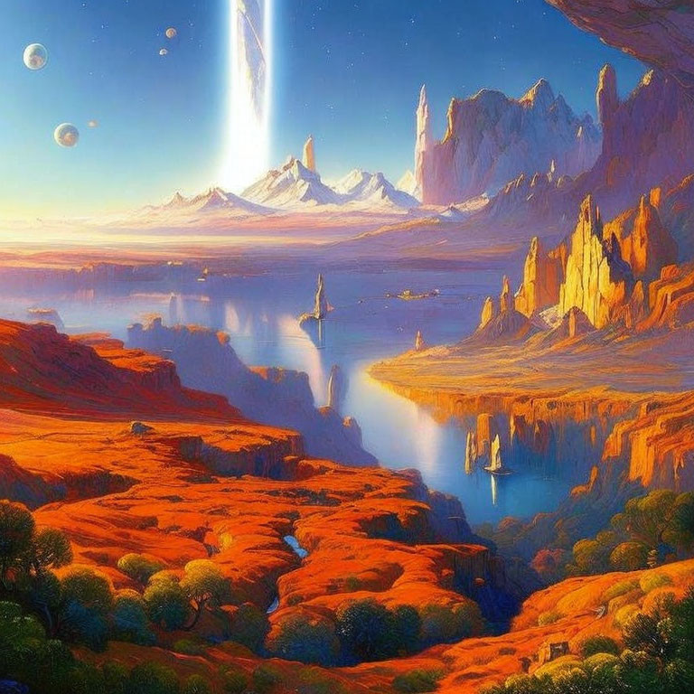 Vibrant orange terrain and multiple moons in fantastical landscape