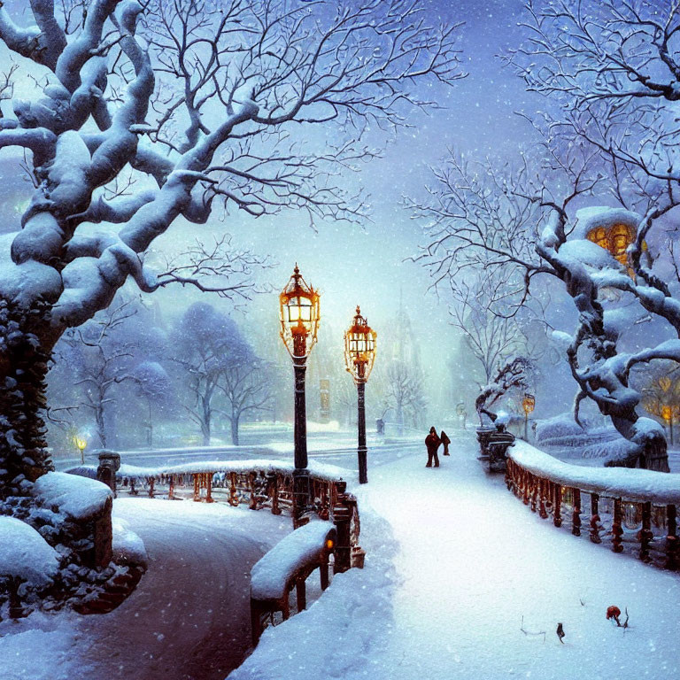 Winter scene: snow-covered park with glowing street lamps, bare trees, bridge railing, and couple walking