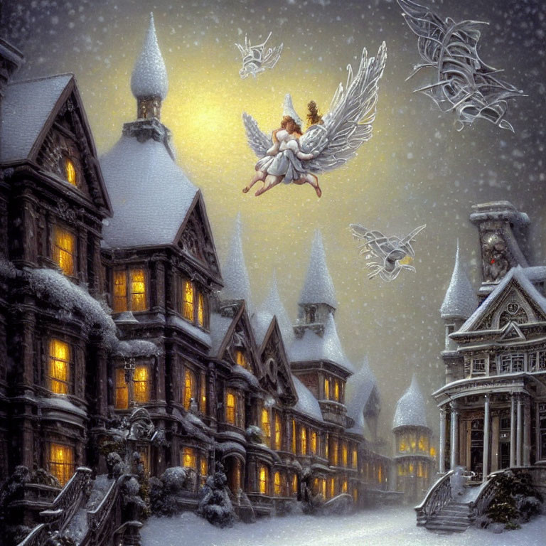 Victorian manor house in snowy evening with angels and ice sculptures