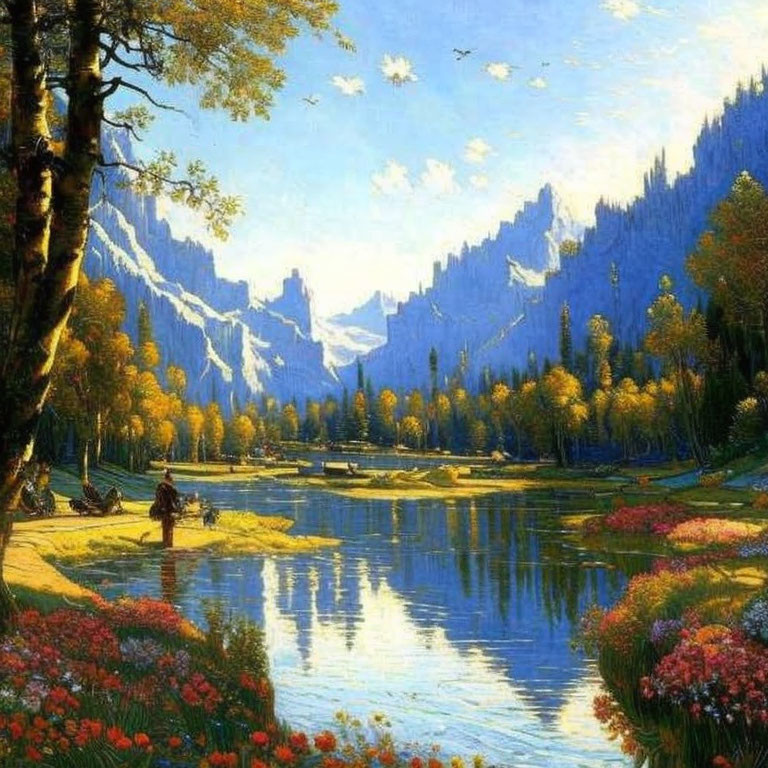 Tranquil landscape with river, forests, mountains, and blue sky