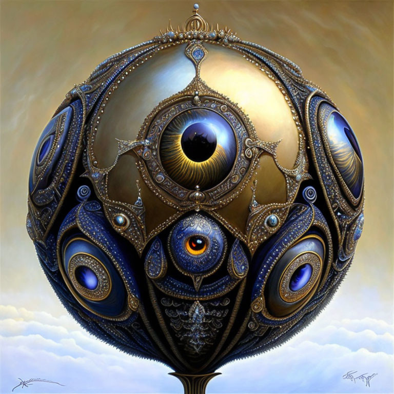 Intricate gold and blue eye motifs on spherical artifact