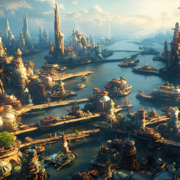 Futuristic cityscape with towering spires and waterways