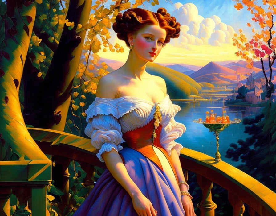 Elegantly dressed woman on balcony with picturesque landscape at sunset