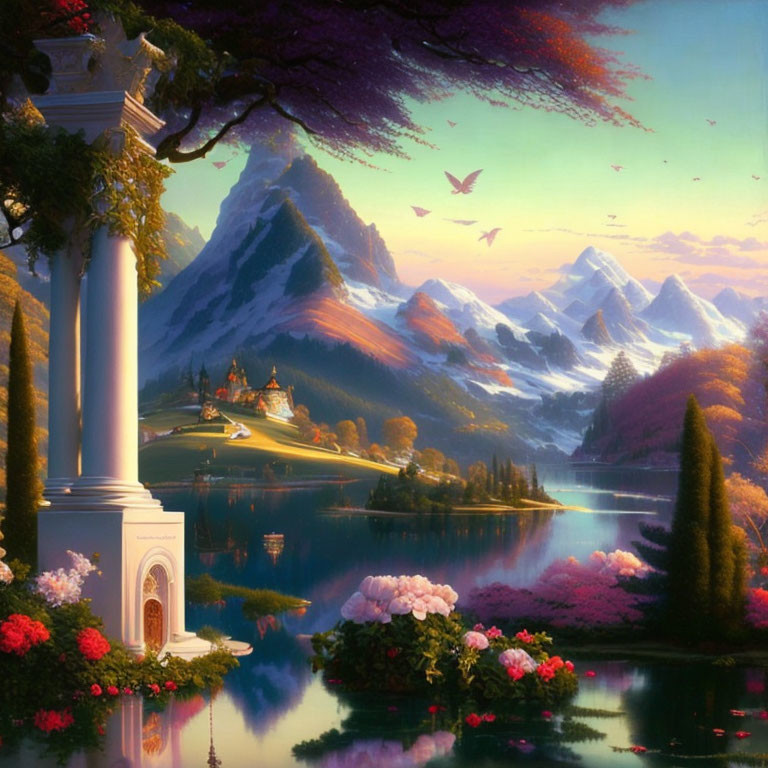 Scenic landscape with white column, lake, flowers, birds, castle, and mountains