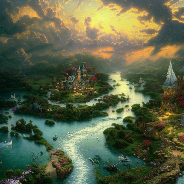 Fantastical sunset landscape with glowing sky, river, village, flora, and sailing ship