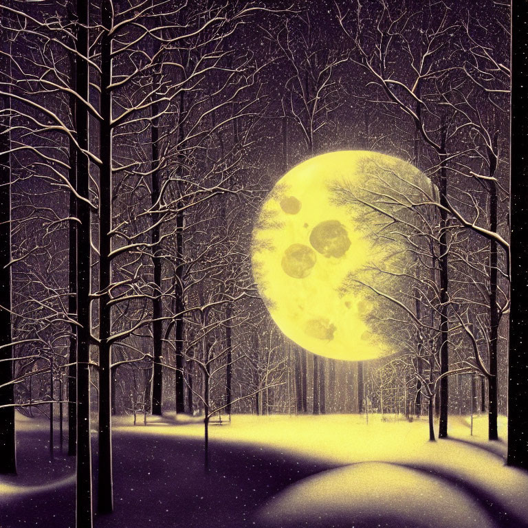 Snow-covered Winter Night Scene with Full Moon and Falling Snowflakes