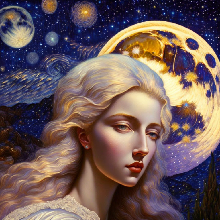 Surreal portrait of woman with pale skin and wavy hair in cosmic setting