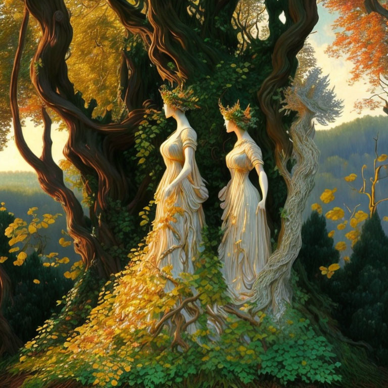 Ethereal women in tree-like dresses in autumn forest