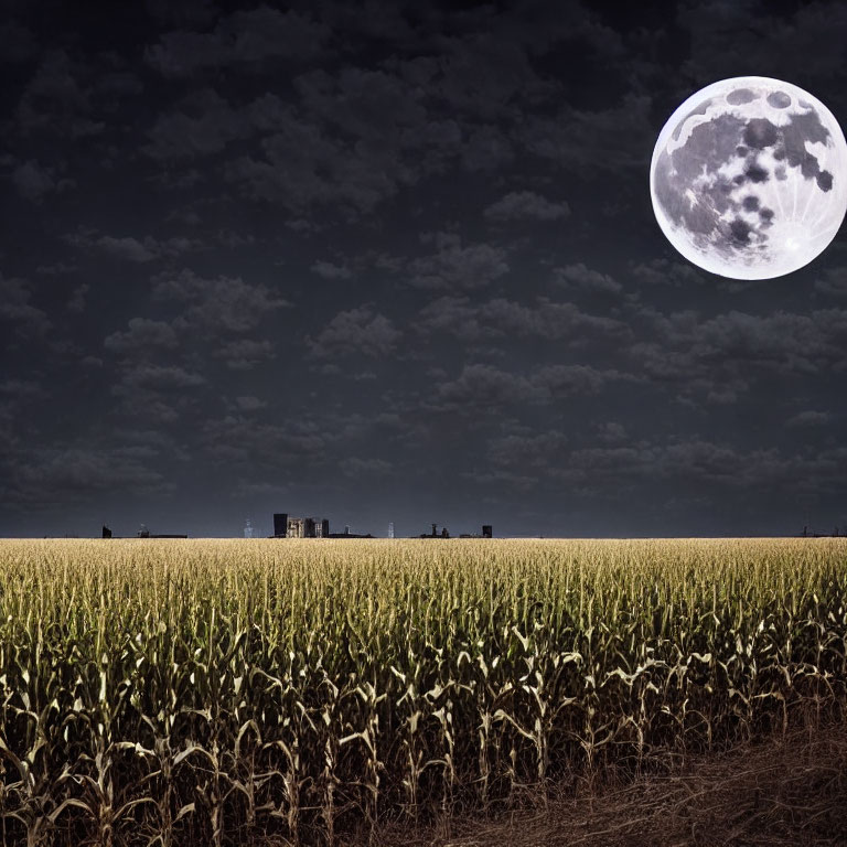 Brightly lit full moon over dark nighttime landscape with cornfield and silhouetted structures.