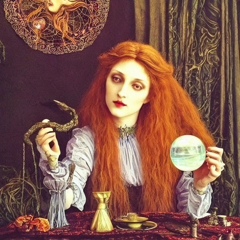 Red-haired woman with crystal ball and snake in mystical setting