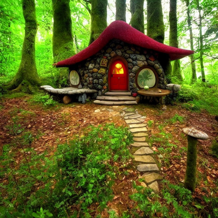 Stone cottage with red door in mossy forest with cobblestone path