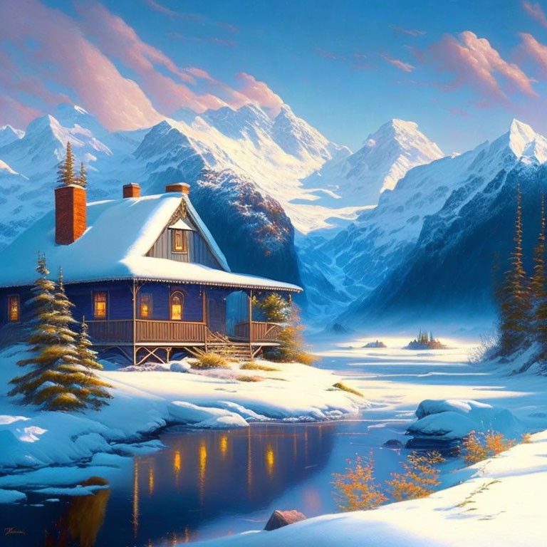 Snowy Chalet by River Surrounded by Winter Landscape