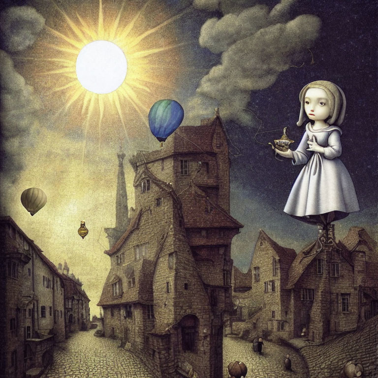 Giant Girl Floating Over European Town Street with Teacup