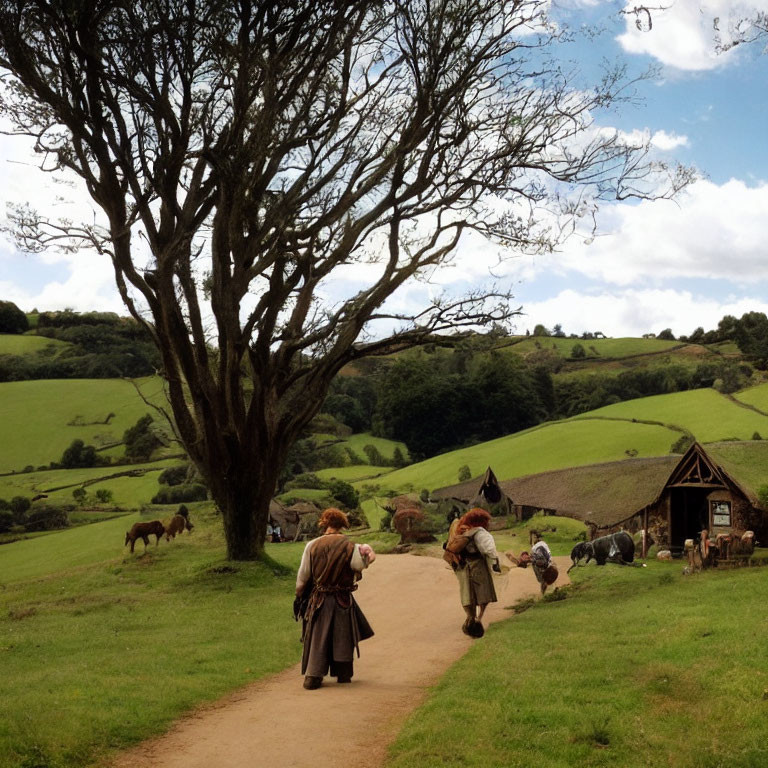 Rural landscape with people in period clothing, horses, cottages, and tree under cloudy sky