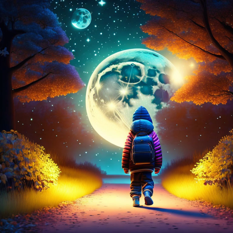 Child walking under starry sky with moon and glowing autumn trees