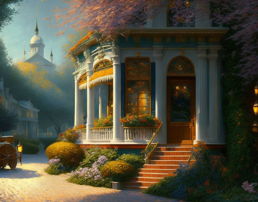 Victorian house in dusk with warm lights, lush gardens, tranquil ambiance