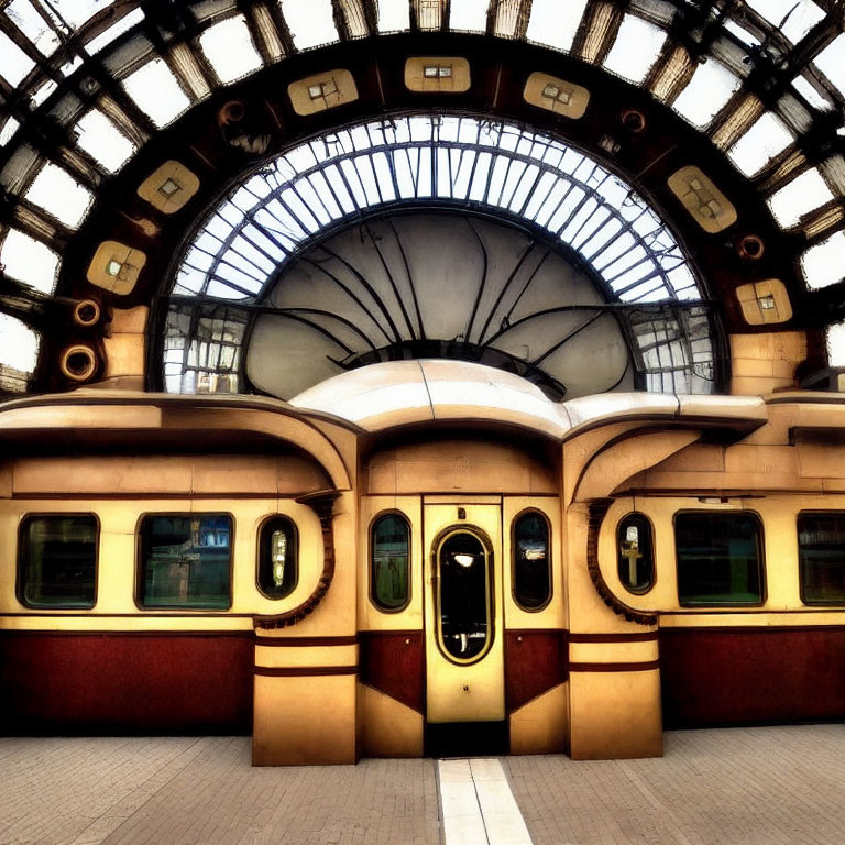 Symmetrical architecture of vintage train station with glass-paneled roof