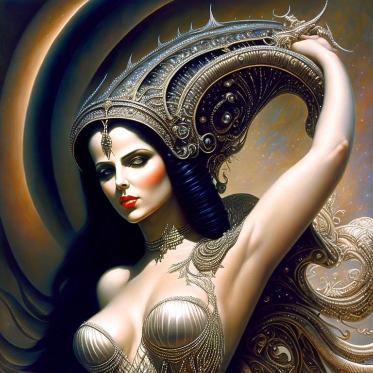 Stylized woman with ornate headgear and jewelry against cosmic backdrop