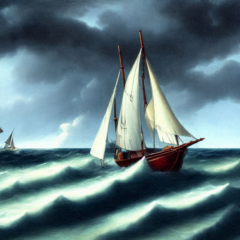 Stormy Seascape with Sailboats and Dark Clouds