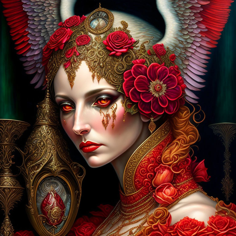 Fantastical female figure with ornate golden headgear and red roses, clock, crimson feathers,