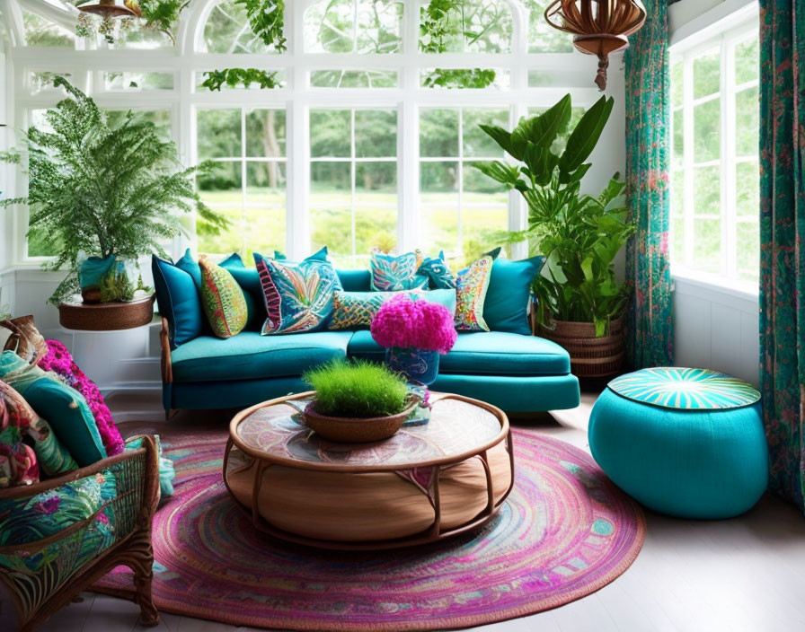 Colorful Teal Sofa & Patterned Decor in Bright Living Room