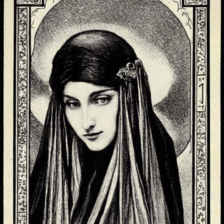 Vintage illustration of a serene woman with dark hair and headpiece in ornate frame