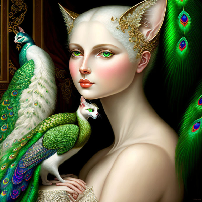 Fantasy illustration of a woman with white elfin features and peacock feathers