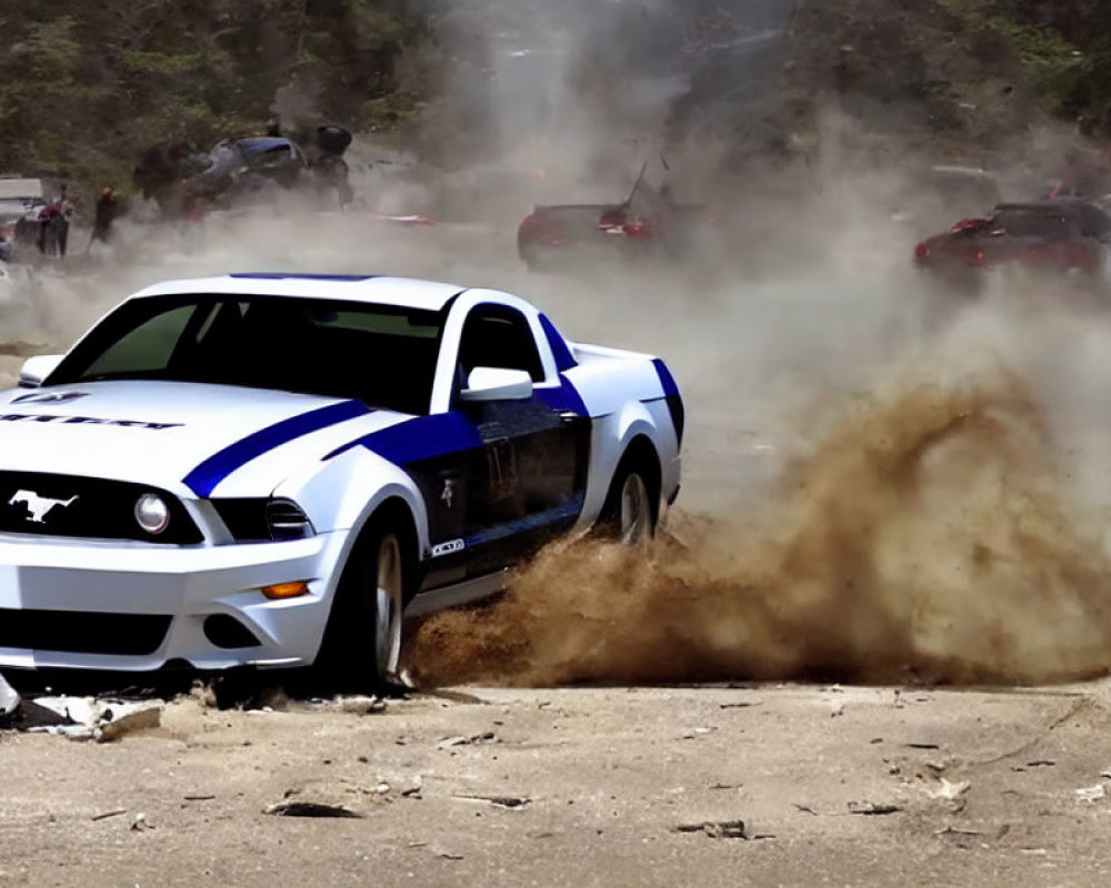 White and Blue Mustang Drifting on Dusty Road with Car Debris and Smoke Background