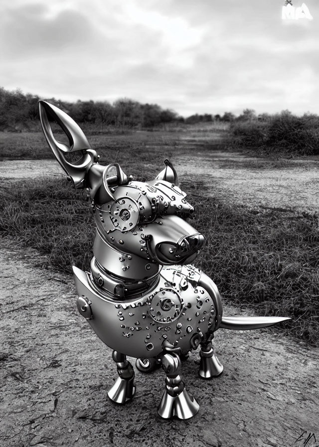 Steampunk-style metallic dog sculpture in barren landscape