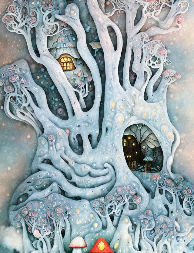 Fantasy illustration of whimsical tree with cozy homes and red mushroom house under starry sky